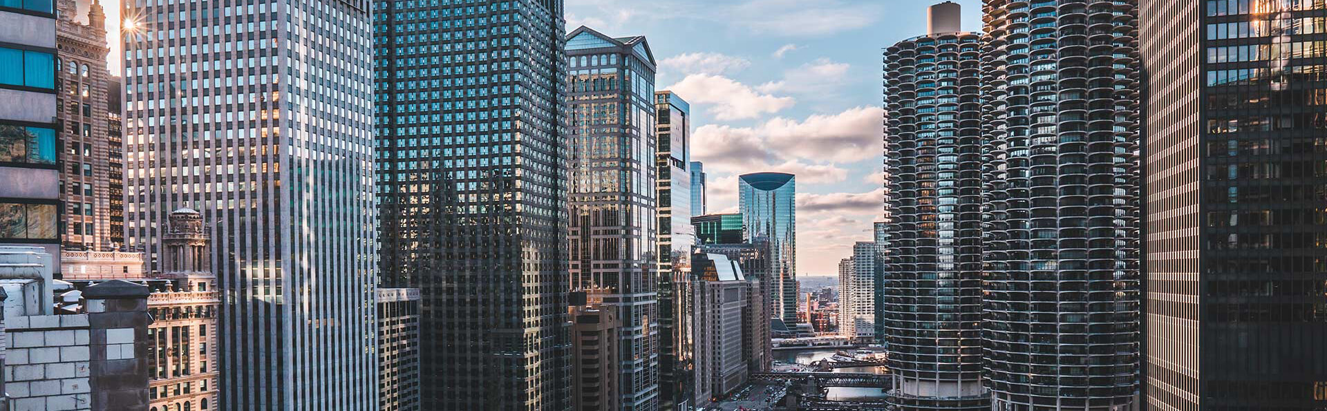 A view of the Chicago skyline from downtown on a sunny day.